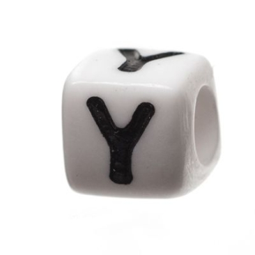 Plastic bead letter Y, cube, 7 x 7 mm, white with black writing