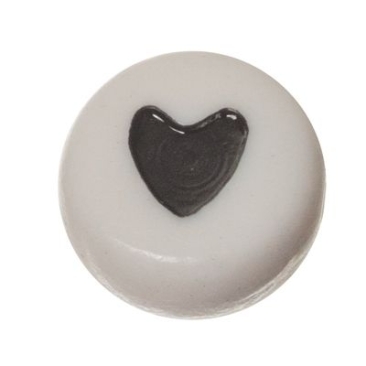 Kunststoffperle, runde Scheibe, 7 x 3,7 mm, weiß mit schwarzem Herz