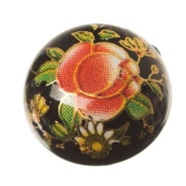 Cabochon imprimé, motif floral, rond, diamètre 12 mm, noir