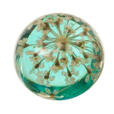 Cabochon with dried flower blossoms, round, diameter 12 mm, light blue