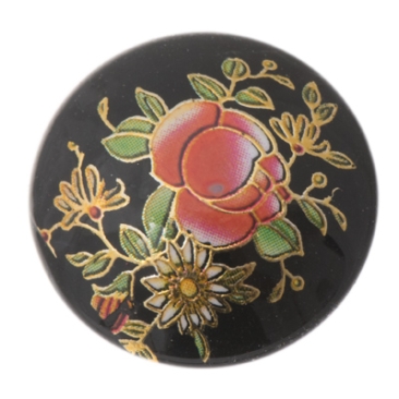 Cabochon printed, flower pattern, round, diameter 25 mm, black
