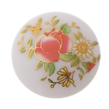 Cabochon printed, flower pattern, round, diameter 25 mm, white