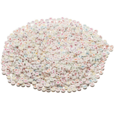 Plastic beads numbers and characters, round disc, 7 mm, white with coloured lettering, 1000 pcs.