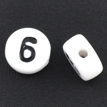 Kunststoffperle Zahl 6 und 9, runde Scheibe, 7 x 3,7 mm, weiß mit schwarzer Schrift
