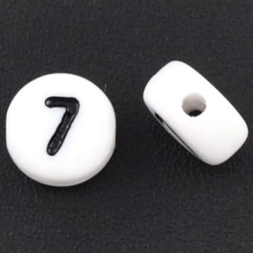 Kunststoffperle Zahl 7, runde Scheibe, 7 x 3,7 mm, weiß mit schwarzer Schrift