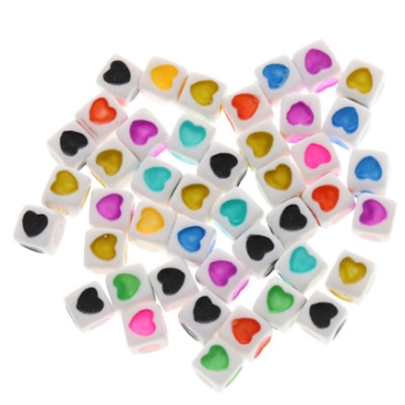 Plastic beads hearts, cubes, 7 x 7 mm, white with colourful print, 300 pcs.