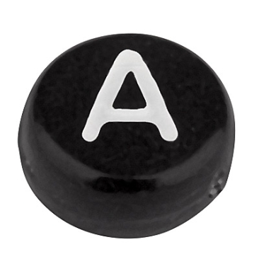 Plastic bead letter A, round disc, 7 x 3.7 mm, black with white writing
