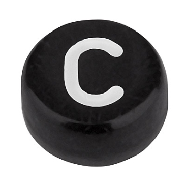 Plastic bead letter C, round disc, 7 x 3.7 mm, black with white writing