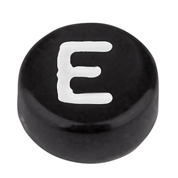 Plastic bead letter E, round disc, 7 x 3.7 mm, black with white writing