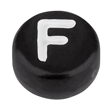 Plastic bead letter F, round disc, 7 x 3.7 mm, black with white writing