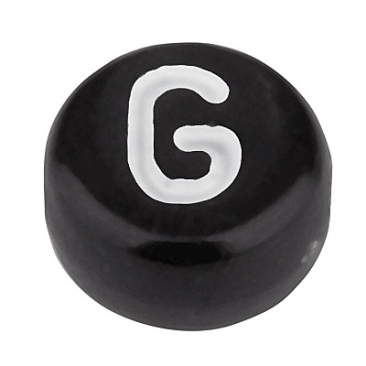 Plastic bead letter G, round disc, 7 x 3.7 mm, black with white writing