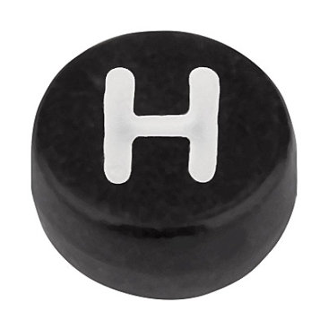 Kunststoffperle Buchstabe H, runde Scheibe, 7 x 3,7 mm, schwarz mit weißer Schrift