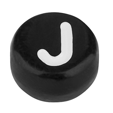 Kunststoffperle Buchstabe J, runde Scheibe, 7 x 3,7 mm, schwarz mit weißer Schrift