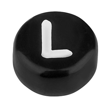Kunststoffperle Buchstabe L, runde Scheibe, 7 x 3,7 mm, schwarz mit weißer Schrift