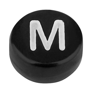 Kunststoffperle Buchstabe M, runde Scheibe, 7 x 3,7 mm, schwarz mit weißer Schrift