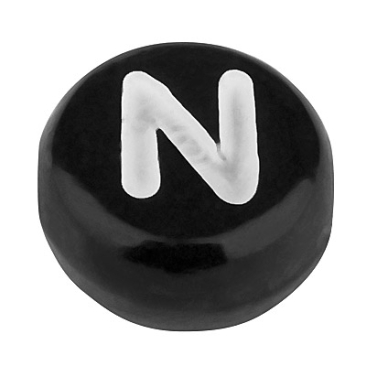 Plastic bead letter N, round disc, 7 x 3.7 mm, black with white writing