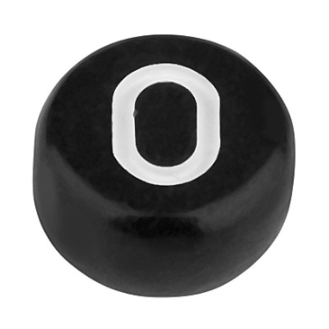 Plastic bead letter O, round disc, 7 x 3.7 mm, black with white writing
