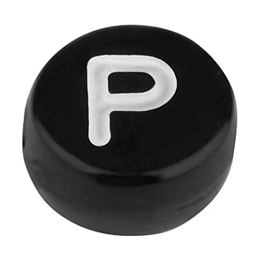 Plastic bead letter P, round disc, 7 x 3.7 mm, black with white writing