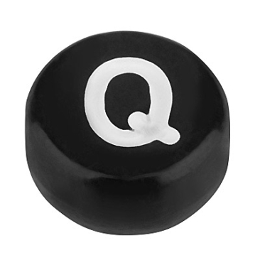 Plastic bead letter Q, round disc, 7 x 3.7 mm, black with white writing