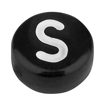 Plastic bead letter S, round disc, 7 x 3.7 mm, black with white writing