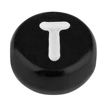 Kunststof kraal letter T, ronde schijf, 7 x 3,7 mm, zwart met wit opschrift