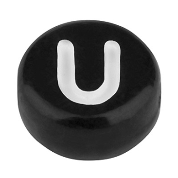 Plastic bead letter U, round disc, 7 x 3.7 mm, black with white writing