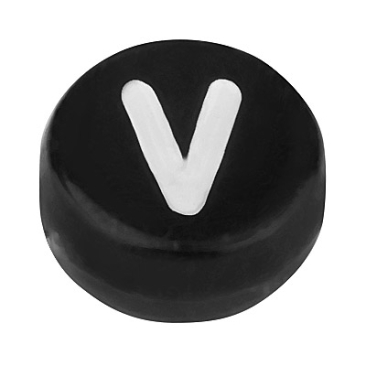 Kunststoffperle Buchstabe V, runde Scheibe, 7 x 3,7 mm, schwarz mit weißer Schrift