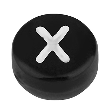 Plastic bead letter X, round disc, 7 x 3.7 mm, black with white writing