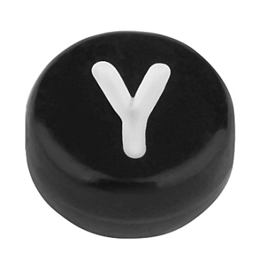 Plastic bead letter Y, round disc, 7 x 3.7 mm, black with white writing