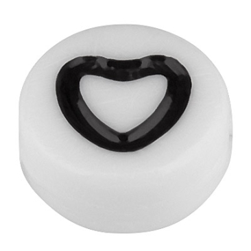 Plastic bead, round disc, 7 x 3.7 mm, white with black heart