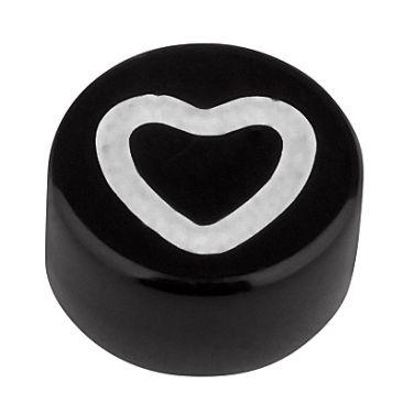 Plastic bead, round disc, 7 x 3.7 mm, black with white heart