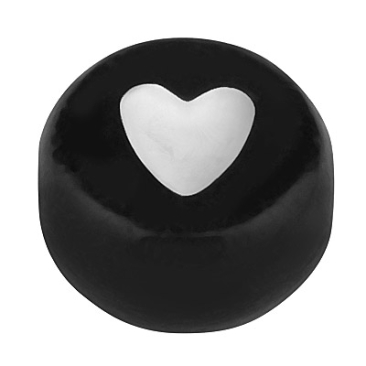 Plastic bead, round disc, 7 x 3.7 mm, black with white filled heart