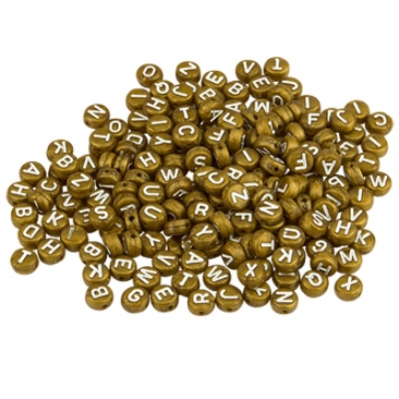 Perle plastique lettre, disque rond, 7 x 4 mm, brun doré avec écriture blanche, mélange de 200 perles