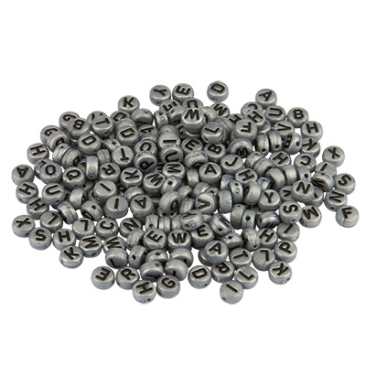Perle plastique lettre, disque rond, 7 x 4 mm, argenté avec écriture noire, mix de 200 perles