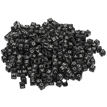 Kunststof kralen letter, kubus, zwart met wit opschrift, 6 x 6 mm, mix 50 g (ca. 380 kralen)