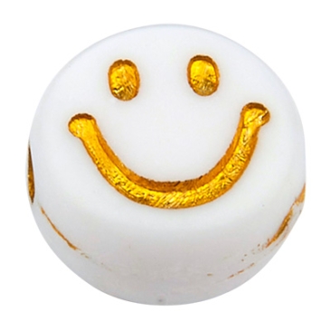 Perle plastique Smiley, disque rond, blanc avec symbole doré, 7 x 3.5 mm, perçage : 1,5 mm