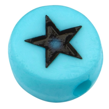 Kunststoffperle Stern, runde Scheibe,hellblau mit schwarzem Symbol, 7 x 3,5 mm