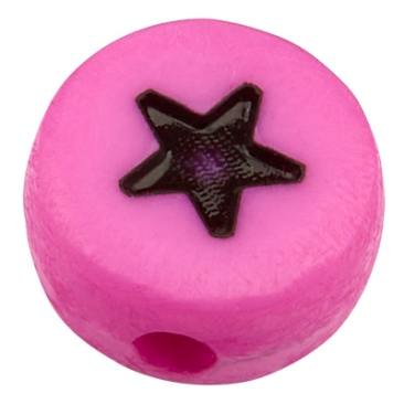 Kunststoffperle Stern, runde Scheibe,magenta mit schwarzem Symbol, 7 x 3,5 mm
