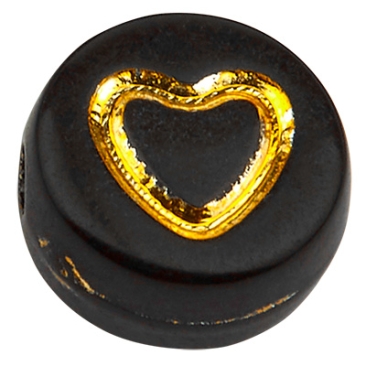 Kunststoffperle Herz, runde Scheibe, schwarz mit goldfarbenem Symbol, 7 x 4 mm, Bohrung: 1,5 mm