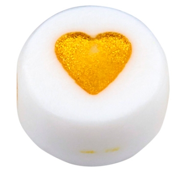 Kunststof kraal hart, ronde schijf, wit met goudkleurig symbool, 7 x 4 mm, gat: 1,8 mm