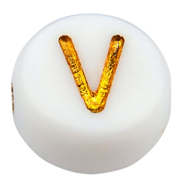 Kunststoffperle Buchstabe V, runde Scheibe, weiß mit goldfarbener Schrift, 7 x 3,5 mm, Bohrung: 1,2 mm