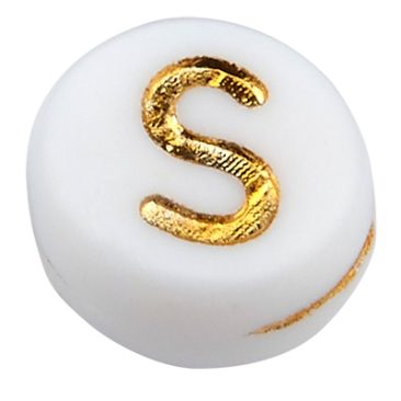 Kunststof kraal letter S, ronde schijf, wit met goudkleurig opschrift, 7 x 3,5 mm, gat: 1,2 mm