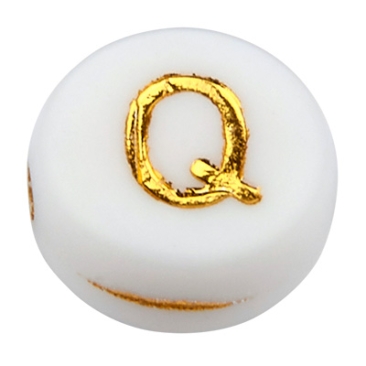 Kunststoffperle Buchstabe Q, runde Scheibe, weiß mit goldfarbener Schrift, 7 x 3,5 mm, Bohrung: 1,2 mm