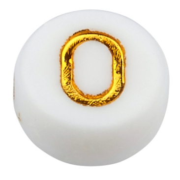 Kunststoffperle Buchstabe O, runde Scheibe, weiß mit goldfarbener Schrift, 7 x 3,5 mm, Bohrung: 1,2 mm
