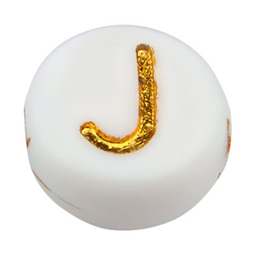Kunststoffperle Buchstabe J, runde Scheibe, weiß mit goldfarbener Schrift, 7 x 3,5 mm, Bohrung: 1,2 mm