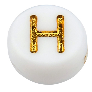Kunststoffperle Buchstabe H, runde Scheibe, weiß mit goldfarbener Schrift, 7 x 3,5 mm, Bohrung: 1,2 mm