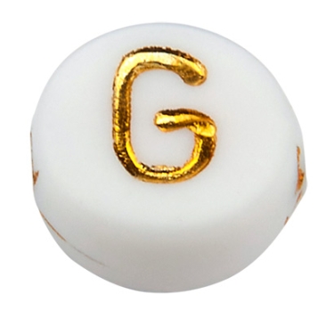 Kunststoffperle Buchstabe G, runde Scheibe, weiß mit goldfarbener Schrift, 7 x 3,5 mm, Bohrung: 1,2 mm