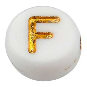 Kunststoffperle Buchstabe F, runde Scheibe, weiß mit goldfarbener Schrift, 7 x 3,5 mm, Bohrung: 1,2 mm