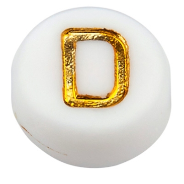 Kunststoffperle Buchstabe D, runde Scheibe, weiß mit goldfarbener Schrift, 7 x 3,5 mm, Bohrung: 1,2 mm
