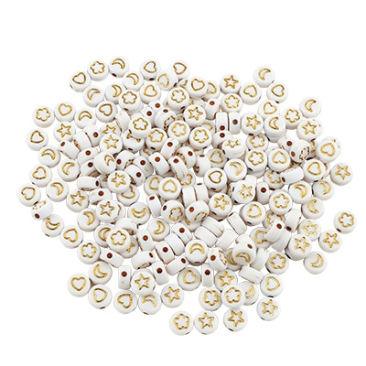 Perles en plastique, disque rond avec différents symboles, blanc avec des symboles dorés, 7 x 4 mm, trou : 1,6 mm, mélange avec environ 200 perles